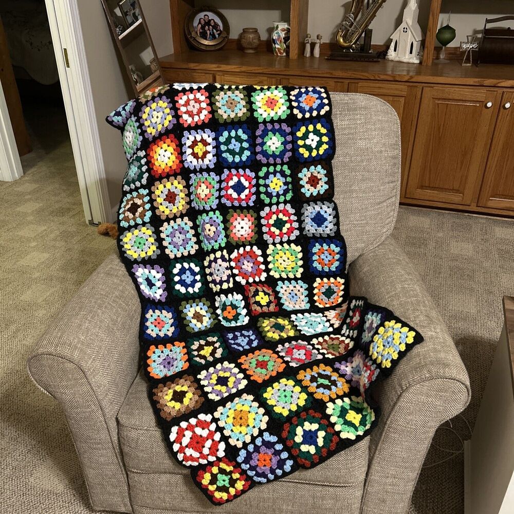 vintage crochet granny square blanket Knit Throw 68”x28” Black Multi Bright
